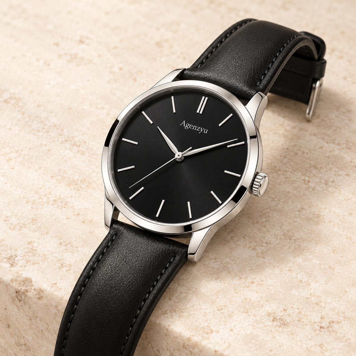 Agenzyu Obsidian men's watch in Midnight Black, alternate angled detail with Agenzyu branding.