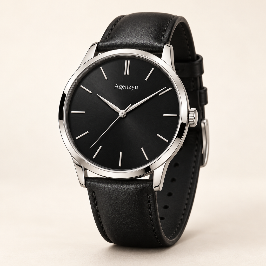 Agenzyu Obsidian men's watch in Midnight Black, main front three-quarter view with Agenzyu branding.
