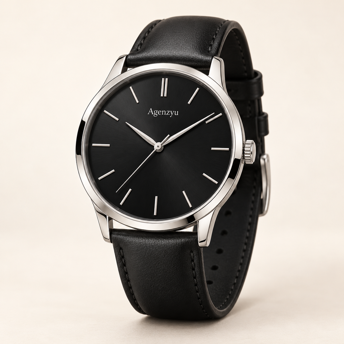 Agenzyu Obsidian men's watch in Midnight Black, main front three-quarter view with Agenzyu branding.