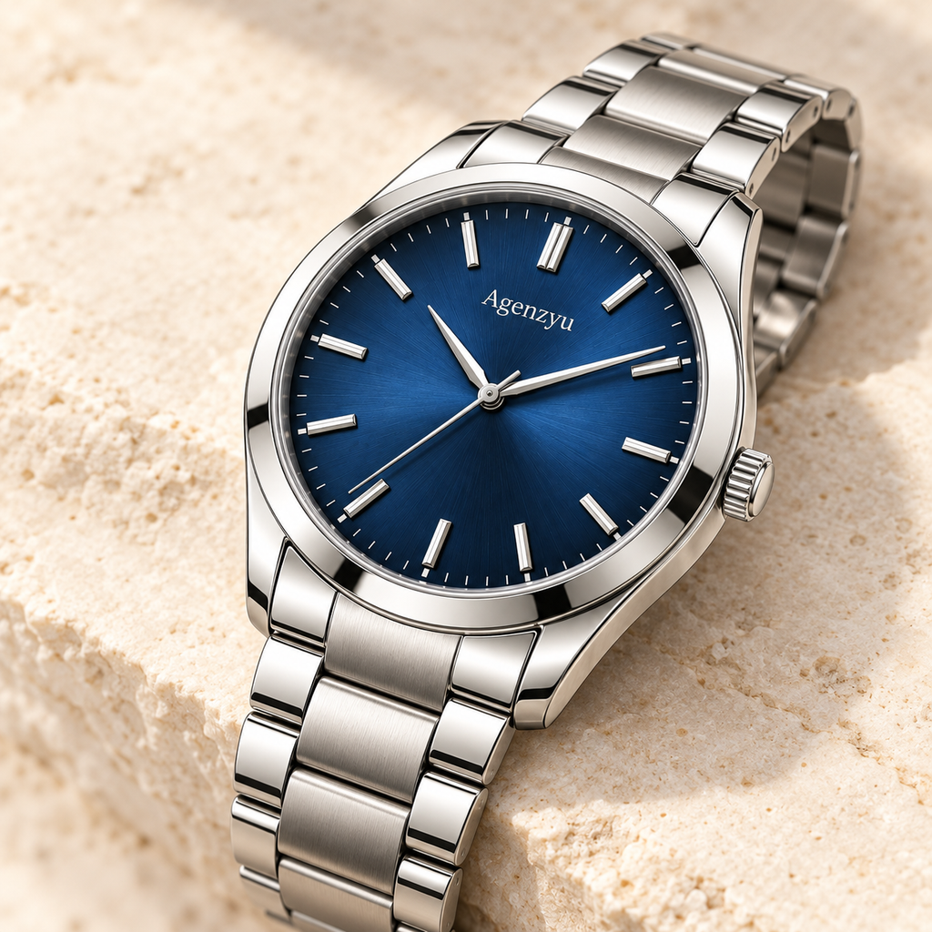 Agenzyu Mariner men's watch in Deep Blue, alternate angled detail with Agenzyu branding.