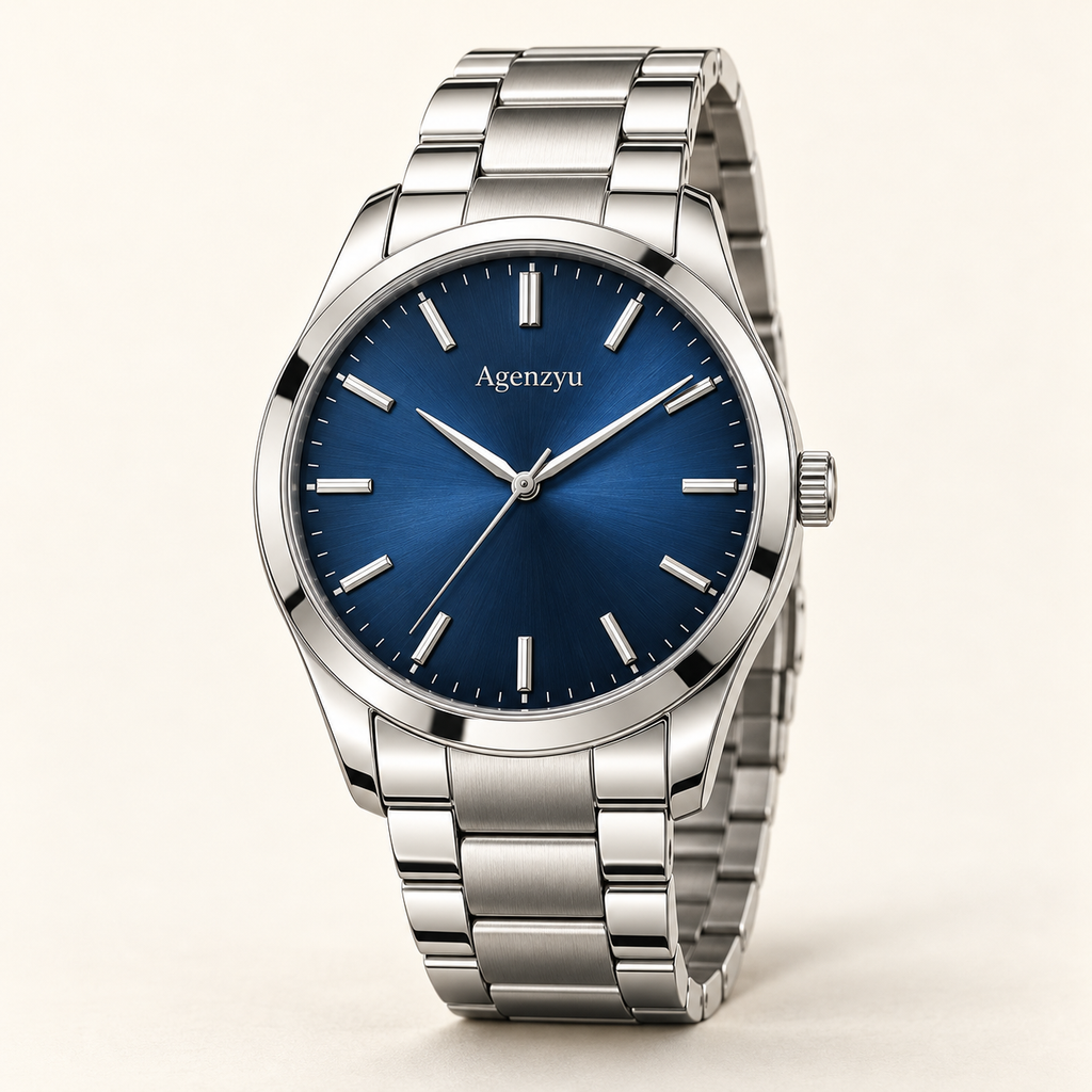 Agenzyu Mariner men's watch in Deep Blue, main front three-quarter view with Agenzyu branding.