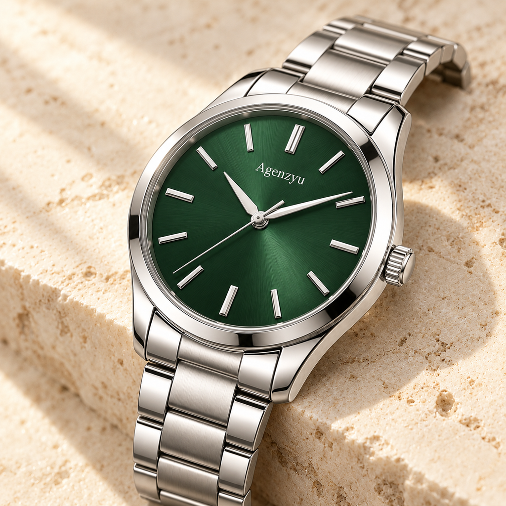 Agenzyu Verdant men's watch in Forest Green, alternate angled detail with Agenzyu branding.