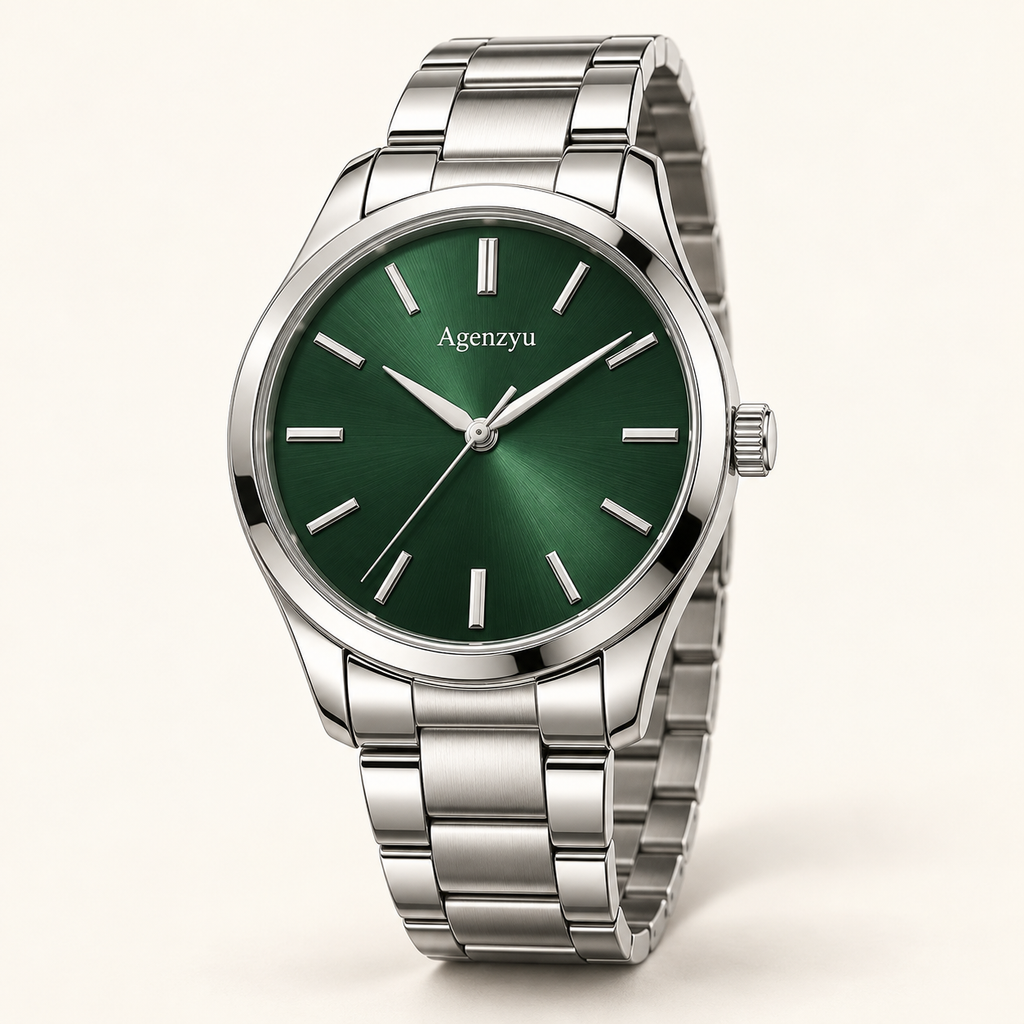 Agenzyu Verdant men's watch in Forest Green, main front three-quarter view with Agenzyu branding.