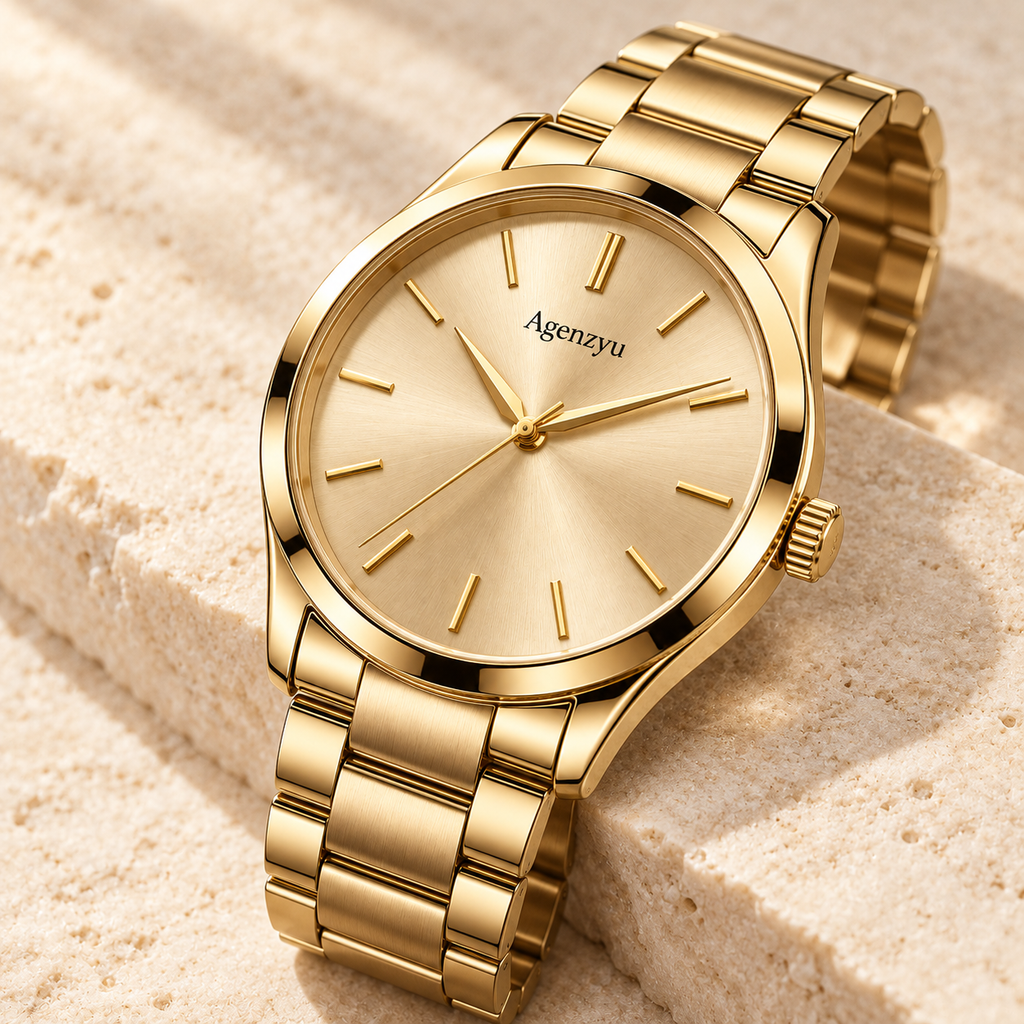 Agenzyu Aurum men's watch in Champagne Gold, alternate angled detail with Agenzyu branding.