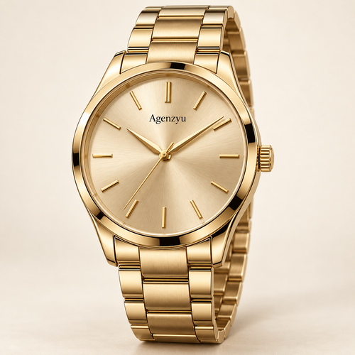 Agenzyu Aurum men's watch in Champagne Gold, main front three-quarter view with Agenzyu branding.