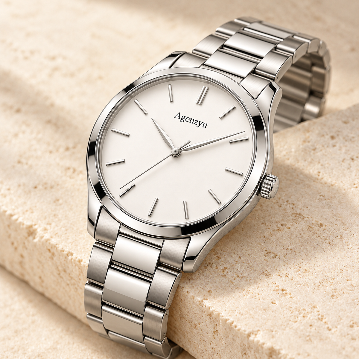 Agenzyu Sterling men's watch in Silver White, alternate angled detail with Agenzyu branding.