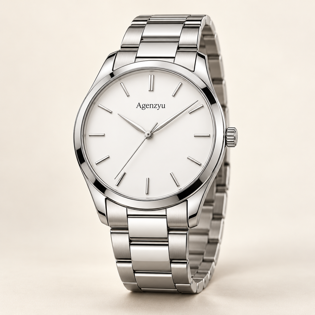 Agenzyu Sterling men's watch in Silver White, main front three-quarter view with Agenzyu branding.