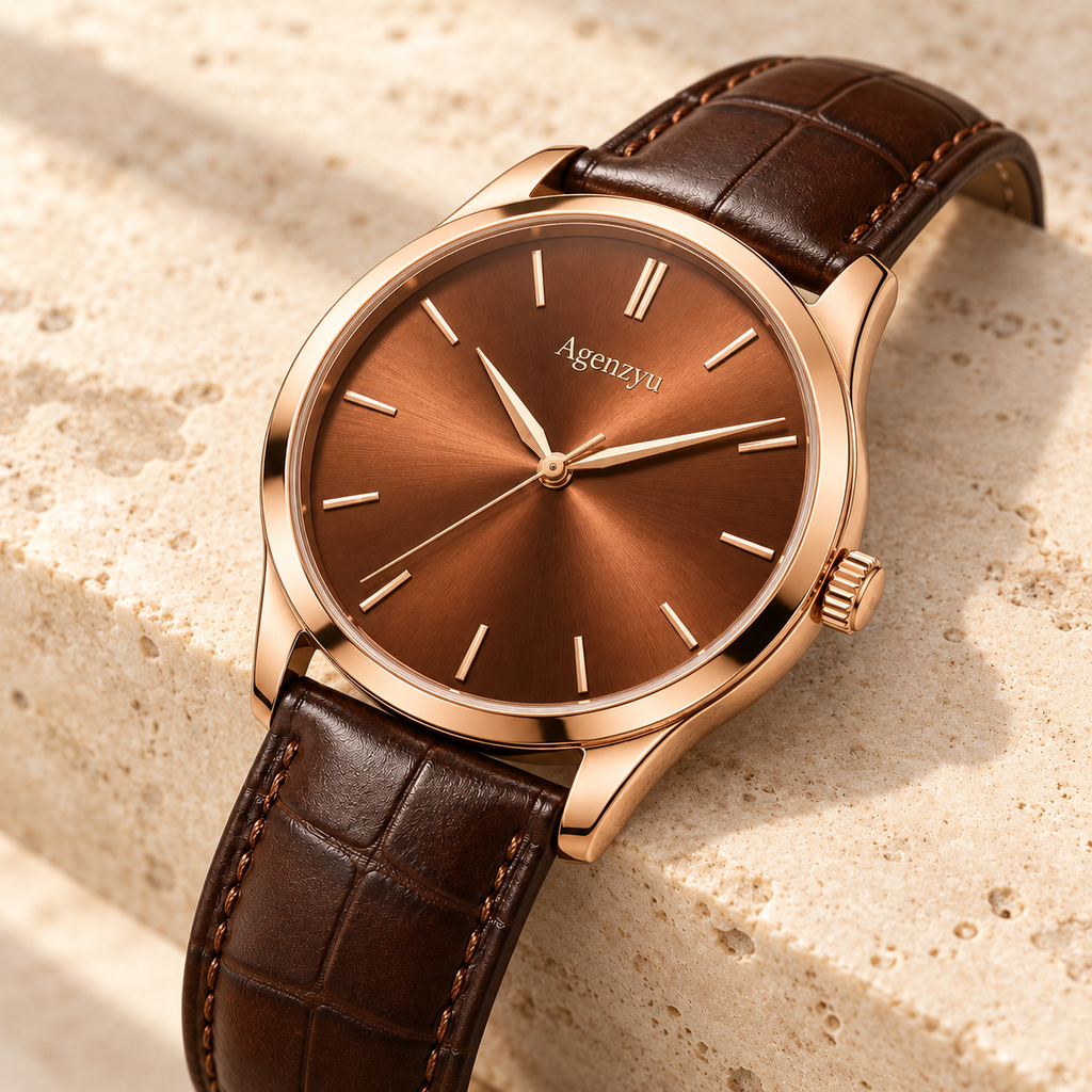 Agenzyu Ember men's watch in Copper Brown, alternate angled detail with Agenzyu branding.