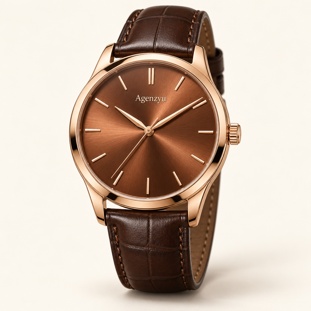 Agenzyu Ember men's watch in Copper Brown, main front three-quarter view with Agenzyu branding.