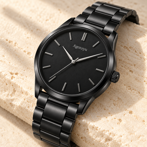 Agenzyu Eclipse men's watch in All Black, alternate angled detail with Agenzyu branding.