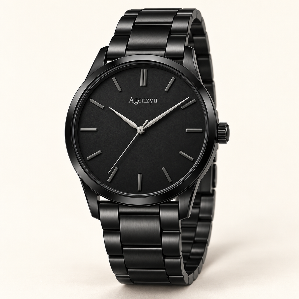 Agenzyu Eclipse men's watch in All Black, main front three-quarter view with Agenzyu branding.
