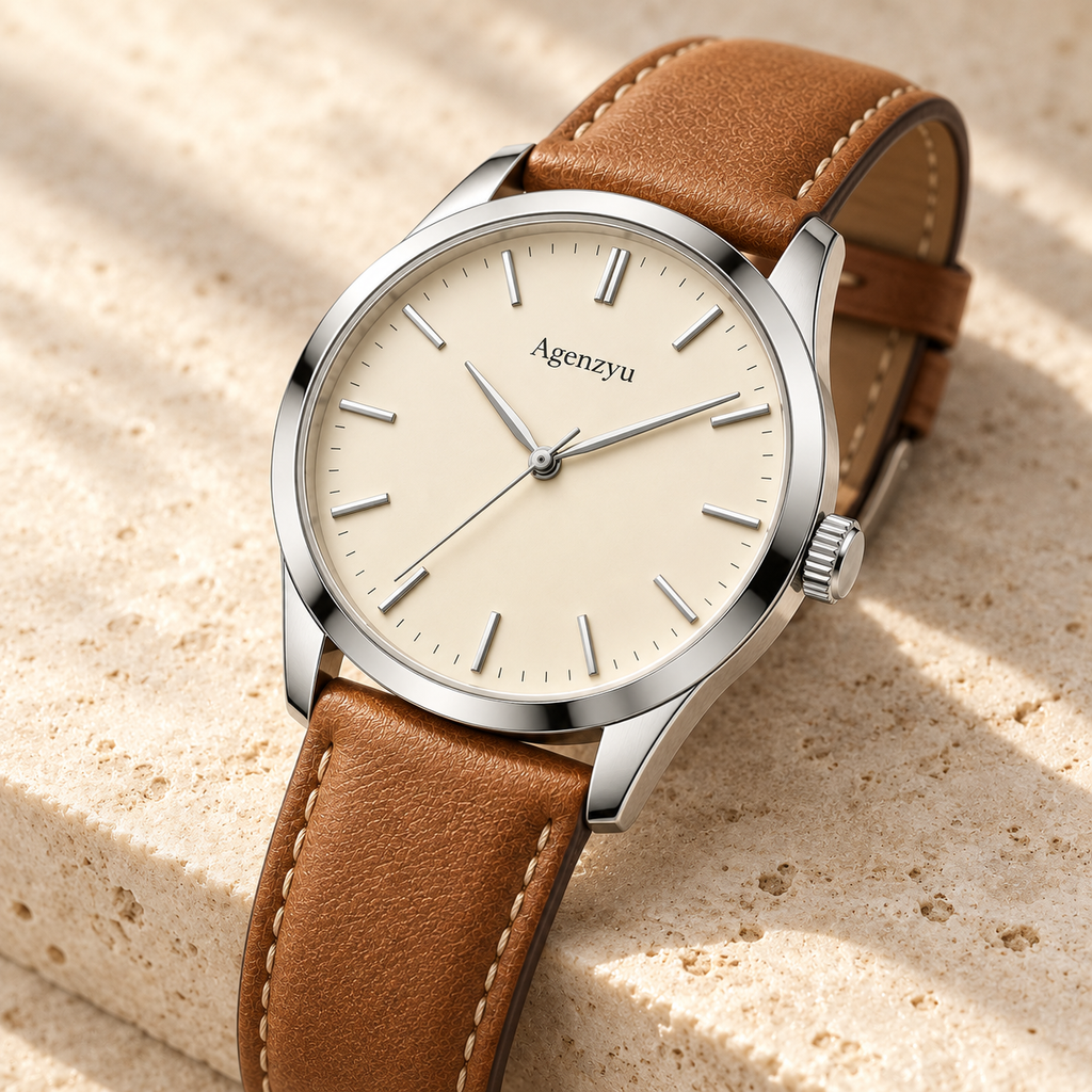 Agenzyu Ivory men's watch in Cream Tan, alternate angled detail with Agenzyu branding.