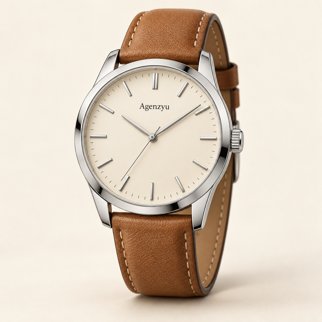 Agenzyu Ivory men's watch in Cream Tan, main front three-quarter view with Agenzyu branding.