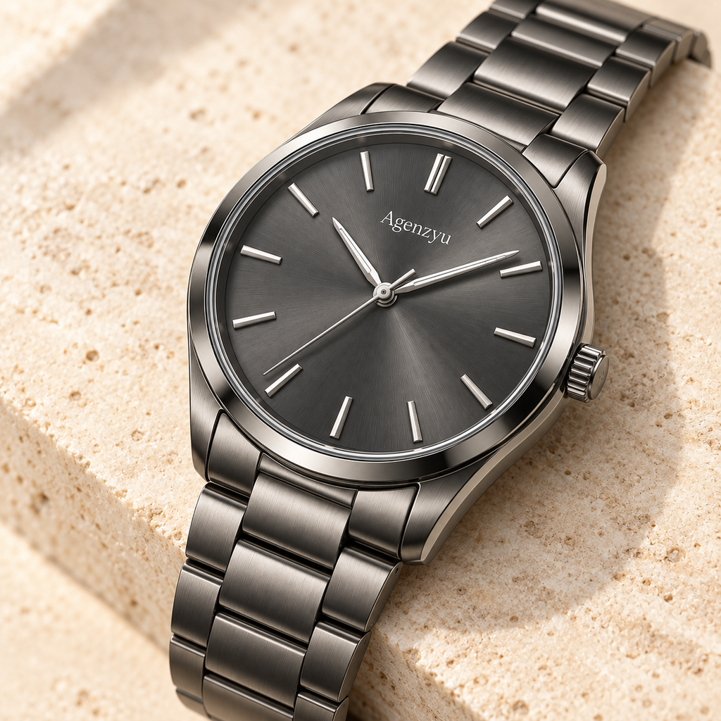 Agenzyu Slate men's watch in Graphite Grey, alternate angled detail with Agenzyu branding.
