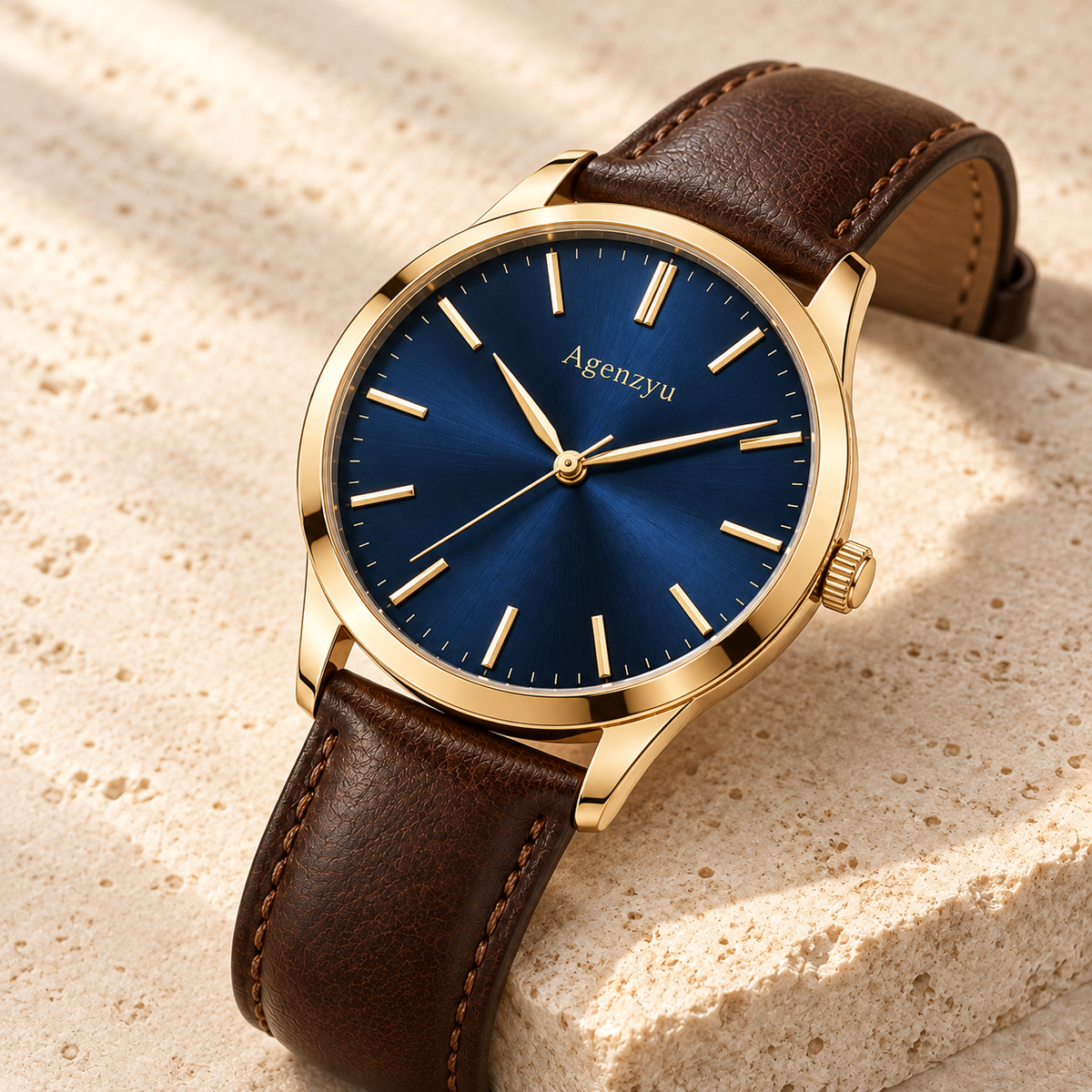 Agenzyu Regent men's watch in Navy Brown, alternate angled detail with Agenzyu branding.