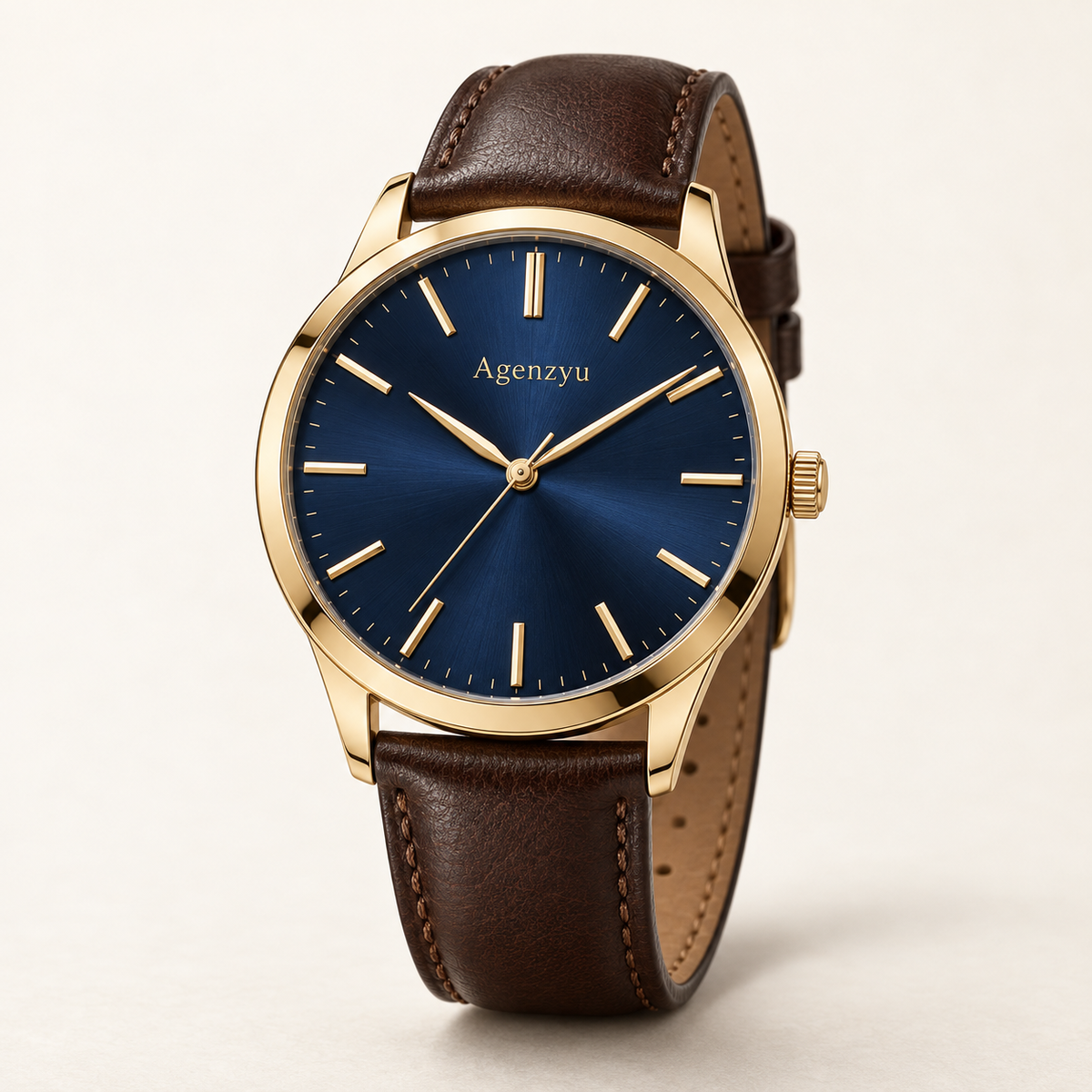 Agenzyu Regent men's watch in Navy Brown, main front three-quarter view with Agenzyu branding.